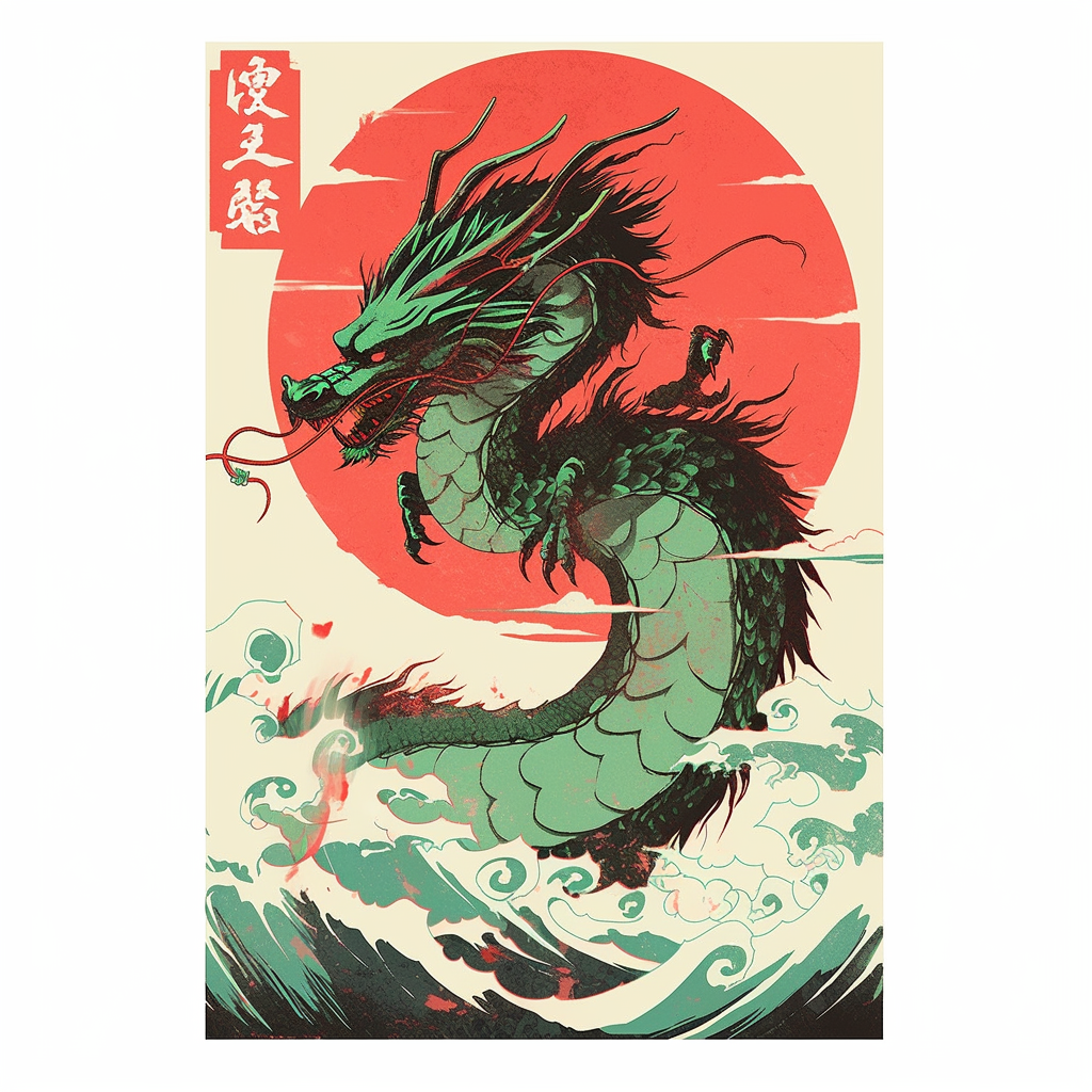 flying dragon retro flat riso print