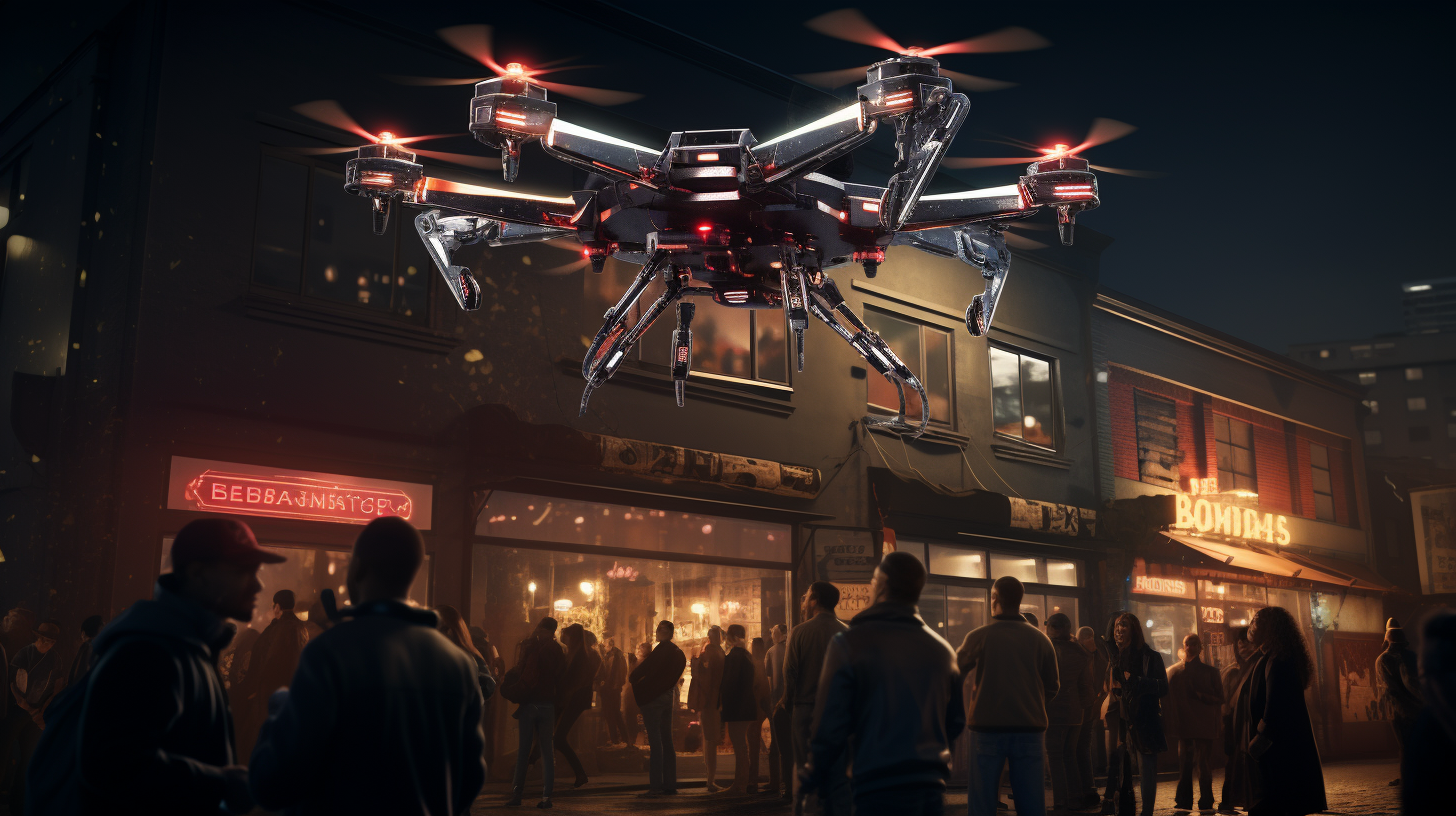 Futuristic flying drone projecting ads