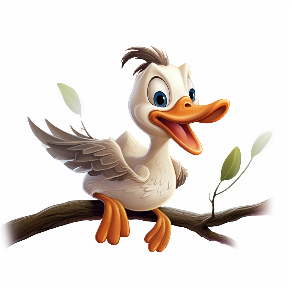 Adorable flying cartoon duck with branch