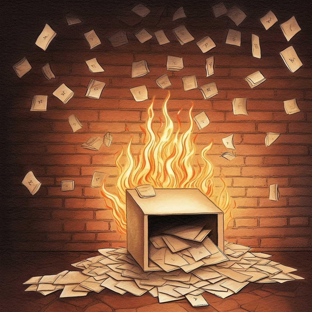 Cartoon-style envelopes flying from unlit fireplace