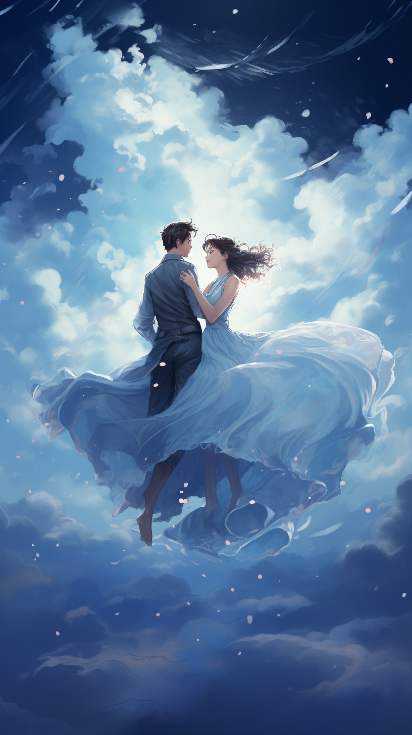 Couple holding hands and flying under moonlit sky