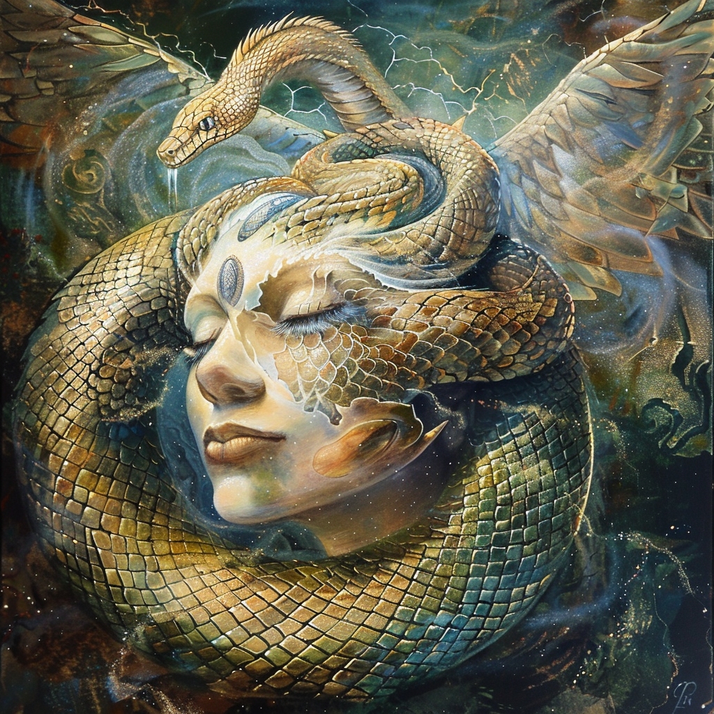 Holy snake with wings and human face