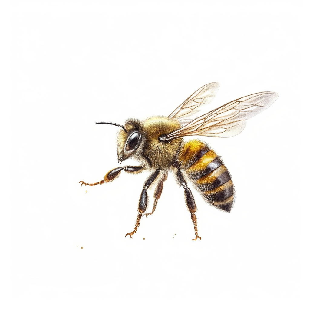 Cute flying honey bee in profile view