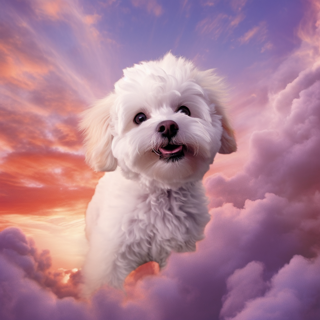 Adorable Maltipoo flying in a purple sky