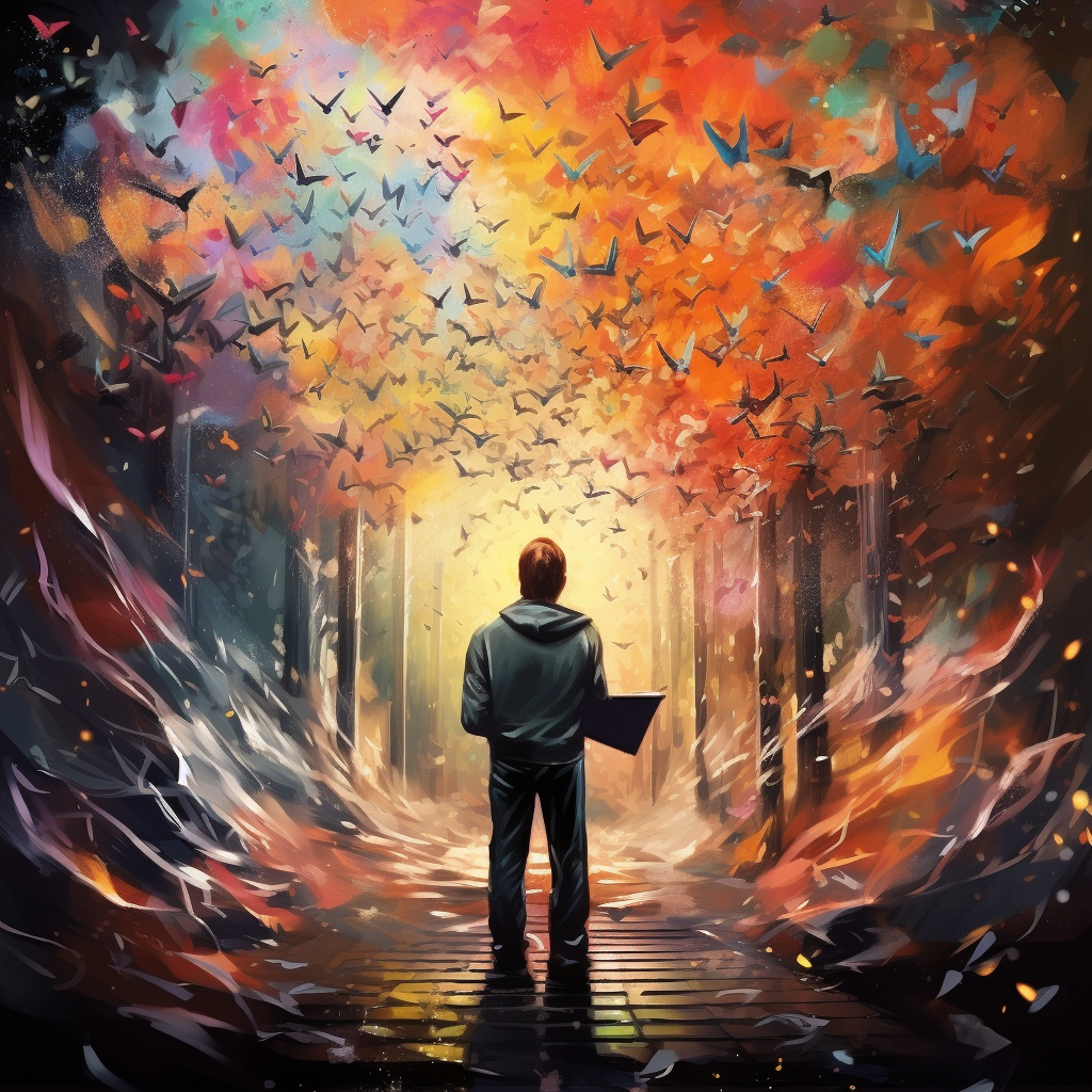 Colorful flying notes in fantasy landscape