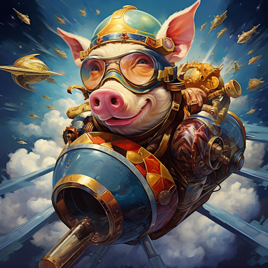 Adventurous pig wearing goggles flying on rocket