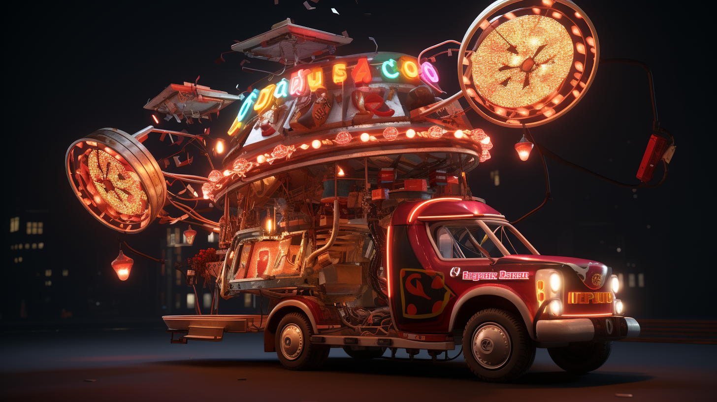 Stylized flying pizza delivery vehicle in lights