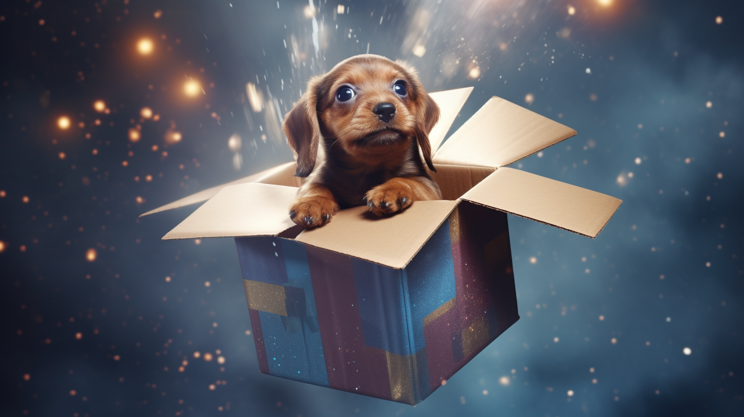 Cute puppy flying in a gift box