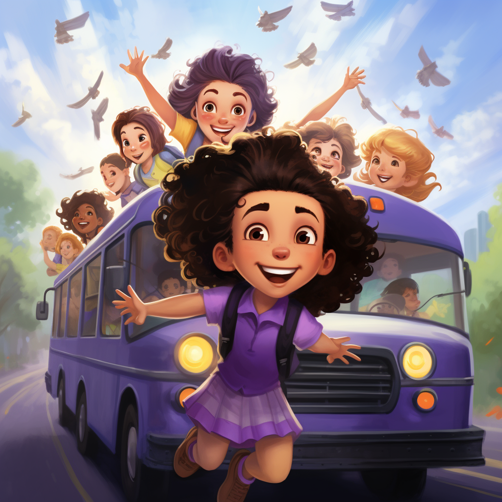 Illustration of a Flying Purple School Bus