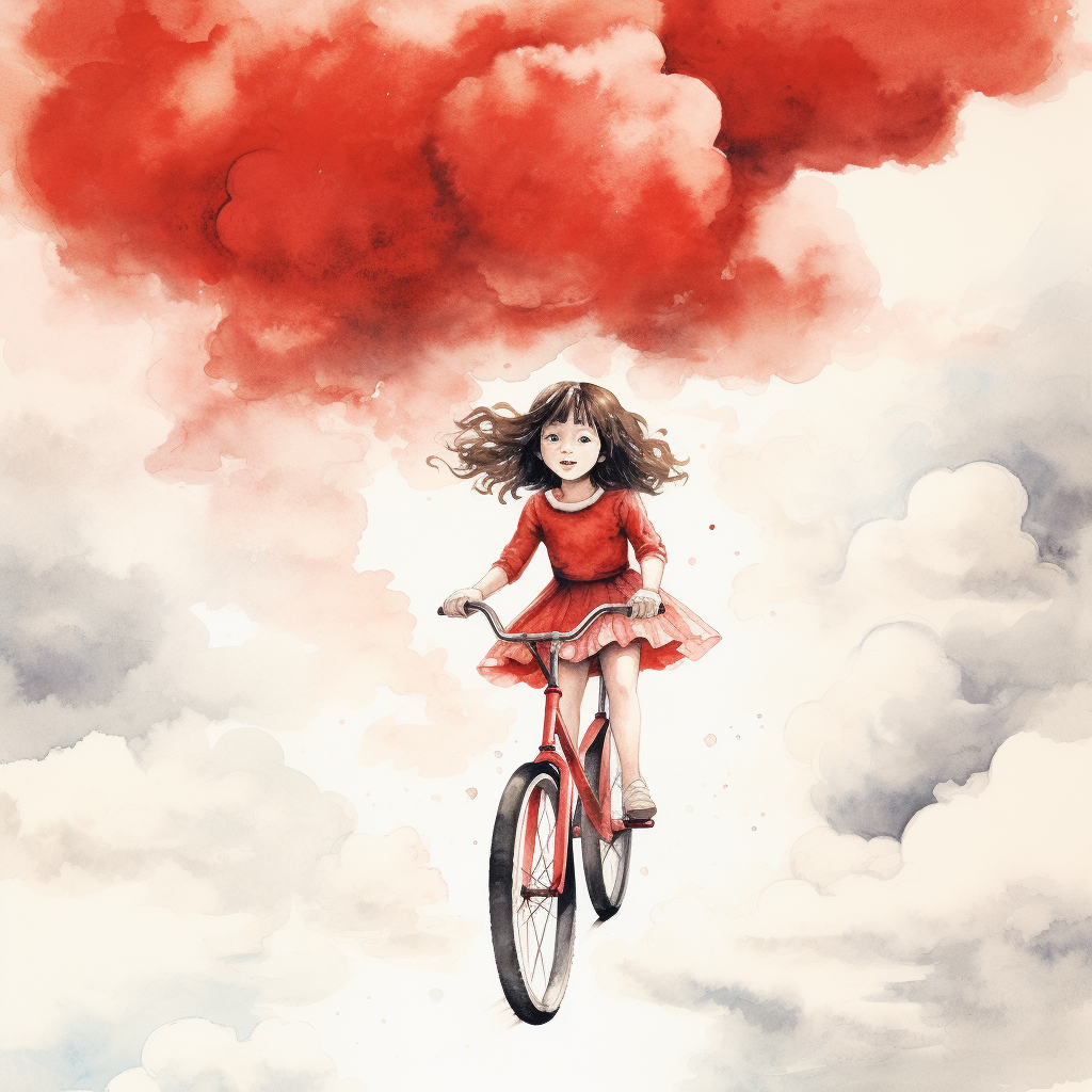 Little girl on a red bicycle in the clouds