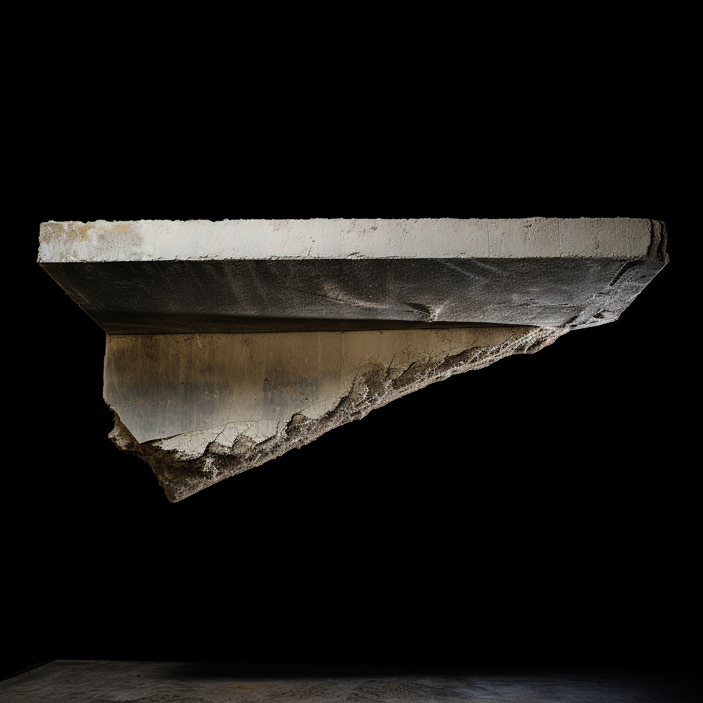 Flying reinforced concrete fragment on black background