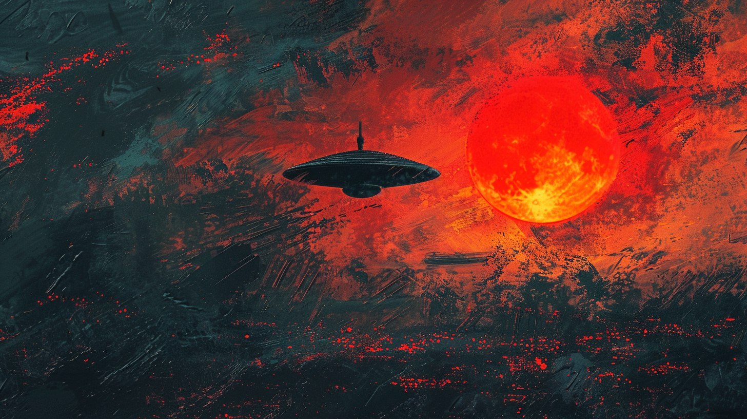 Flying saucer in red night sky