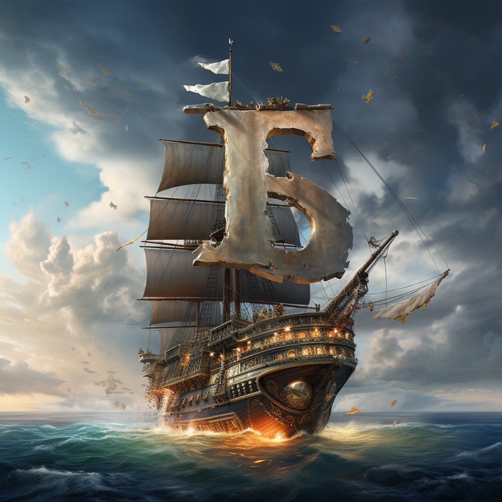 Flying ship with pirates sailing through silver clouds