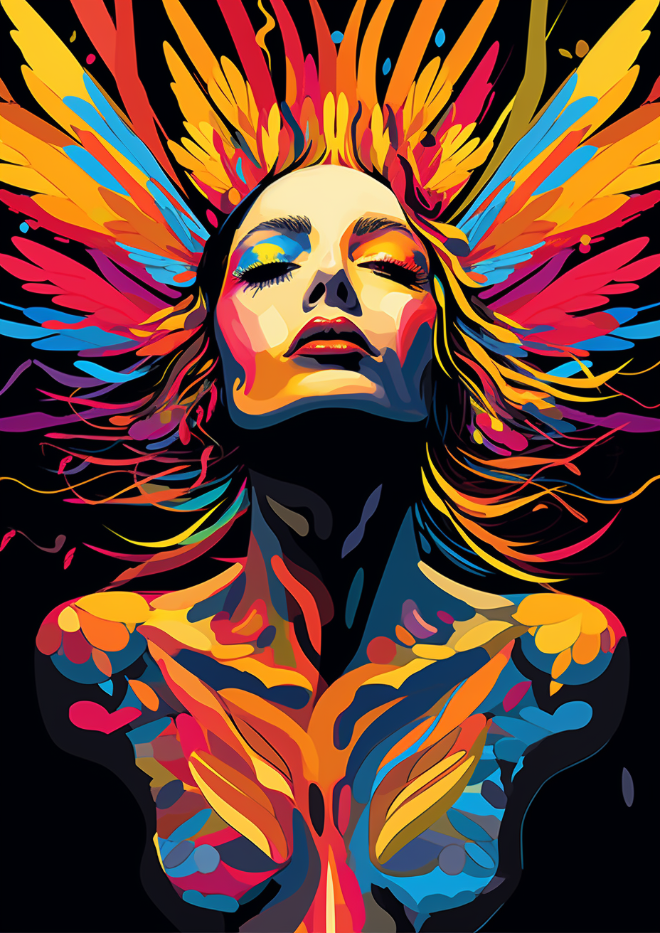 Vibrant flying spirit in dark pop-art style