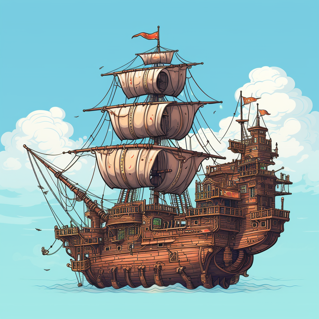 Pixel art of flying steampunk pirate ship