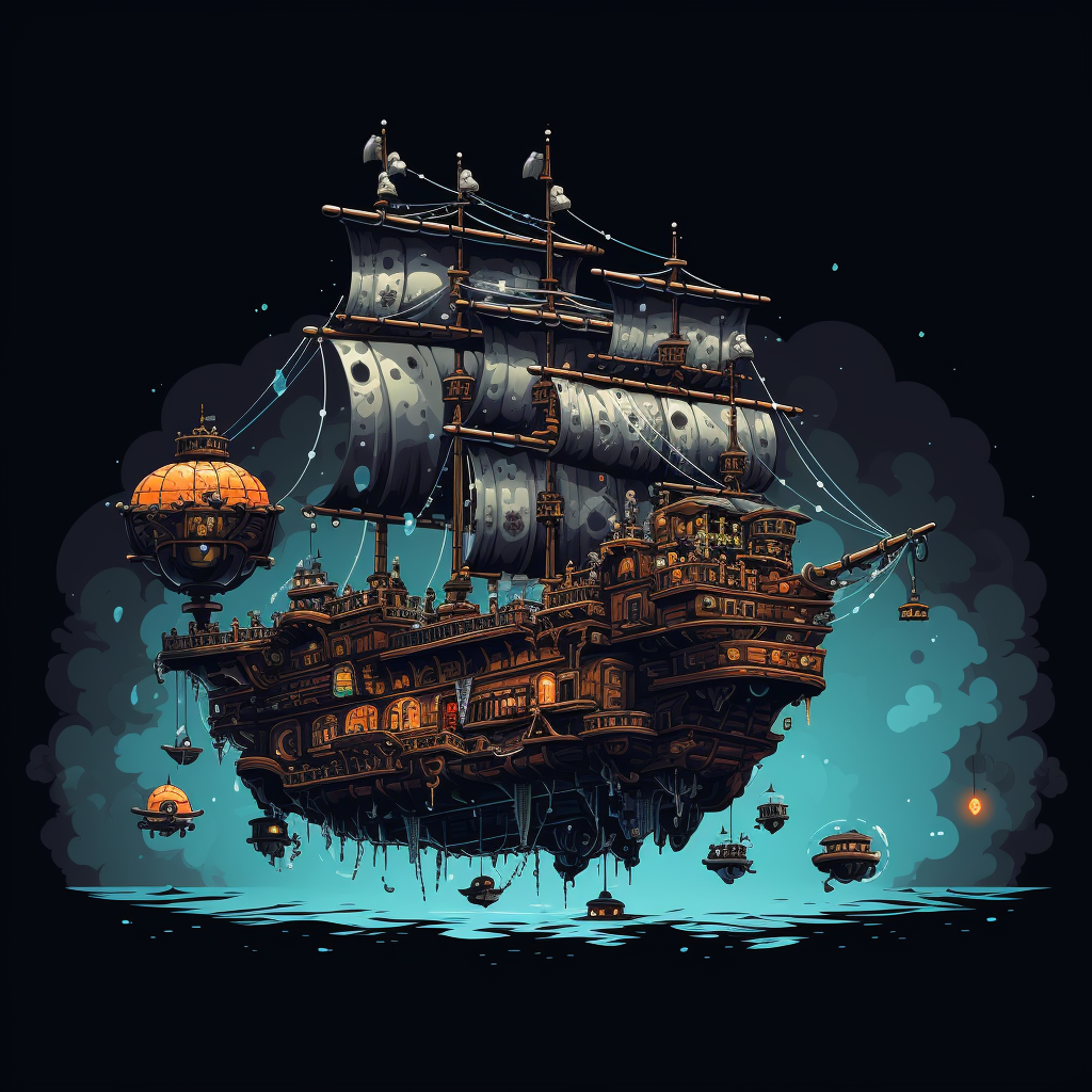 Pixel Art of a Flying Steampunk Pirate Ship