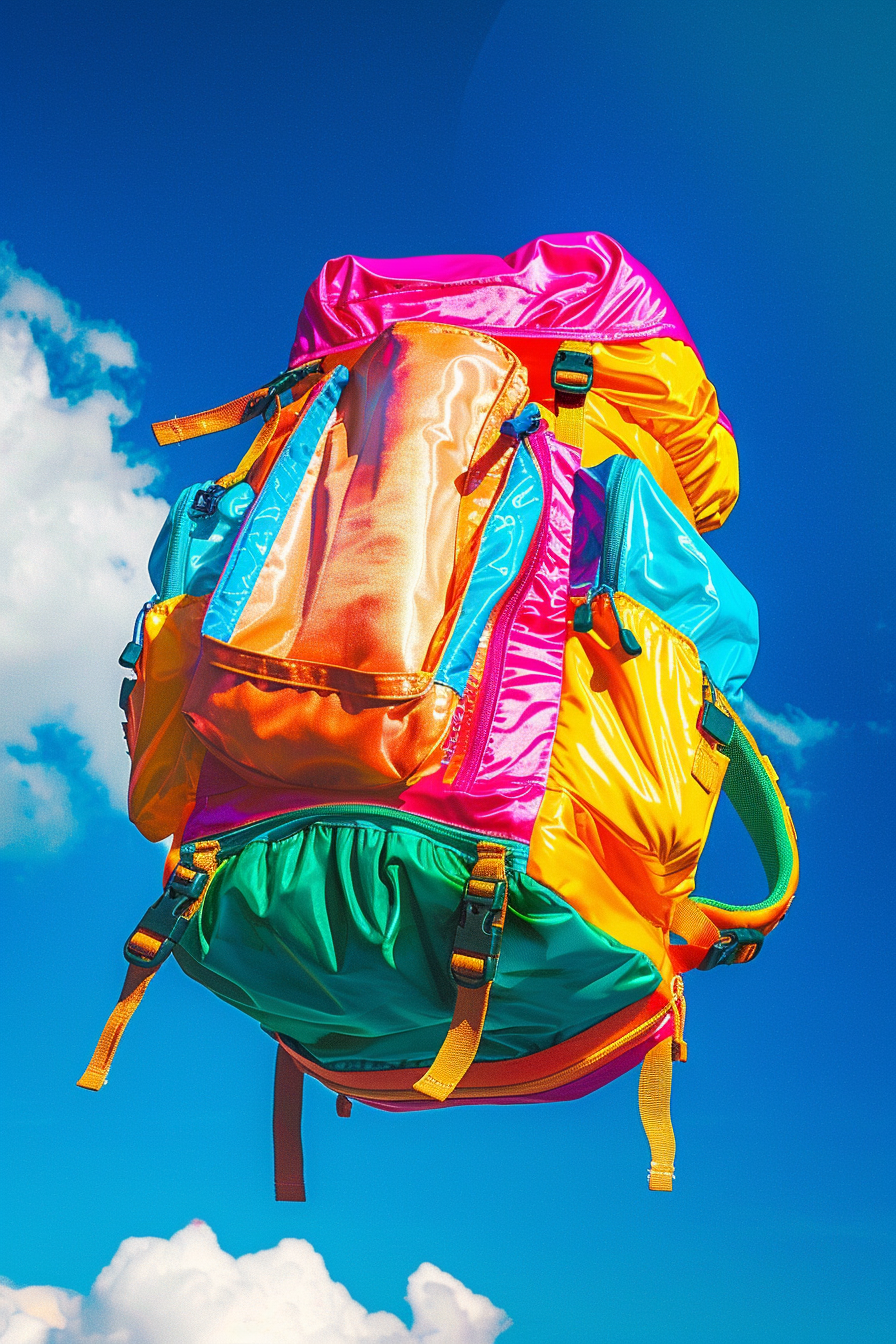 Colorful flying turning backpack sky