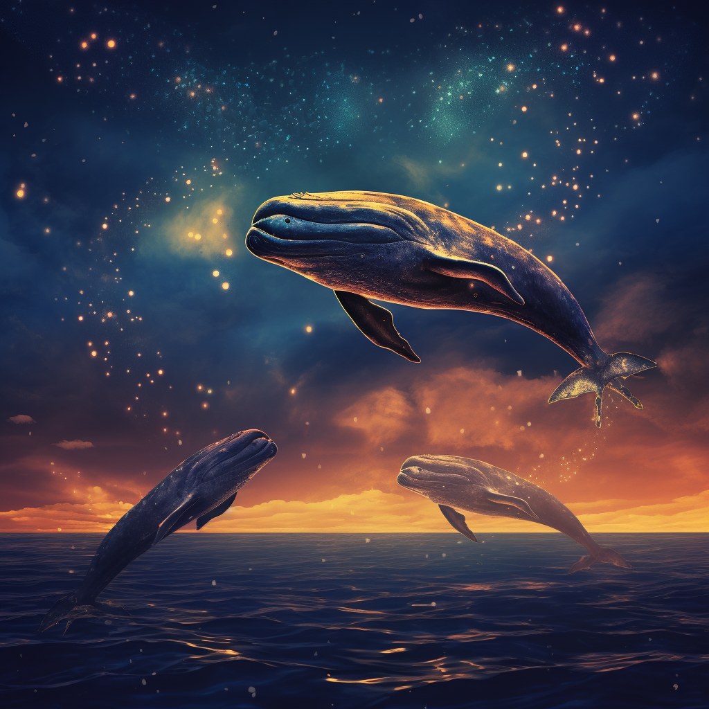 Whales soaring through the starry night sky