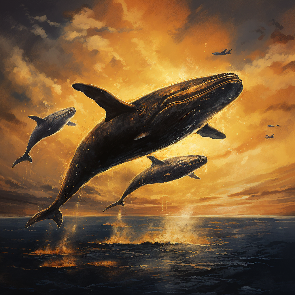 Whales flying in golden sunset sky