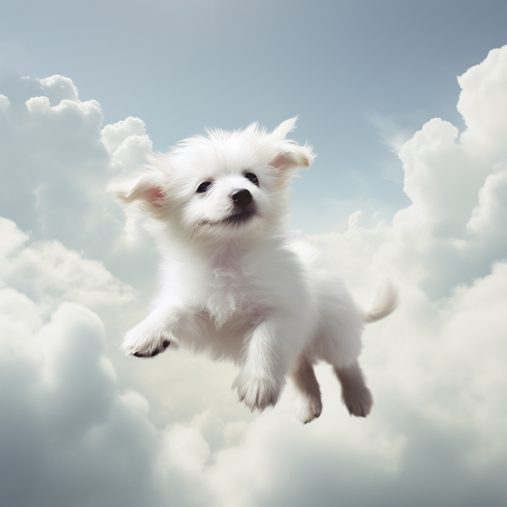 Cute white puppy flying in the sky