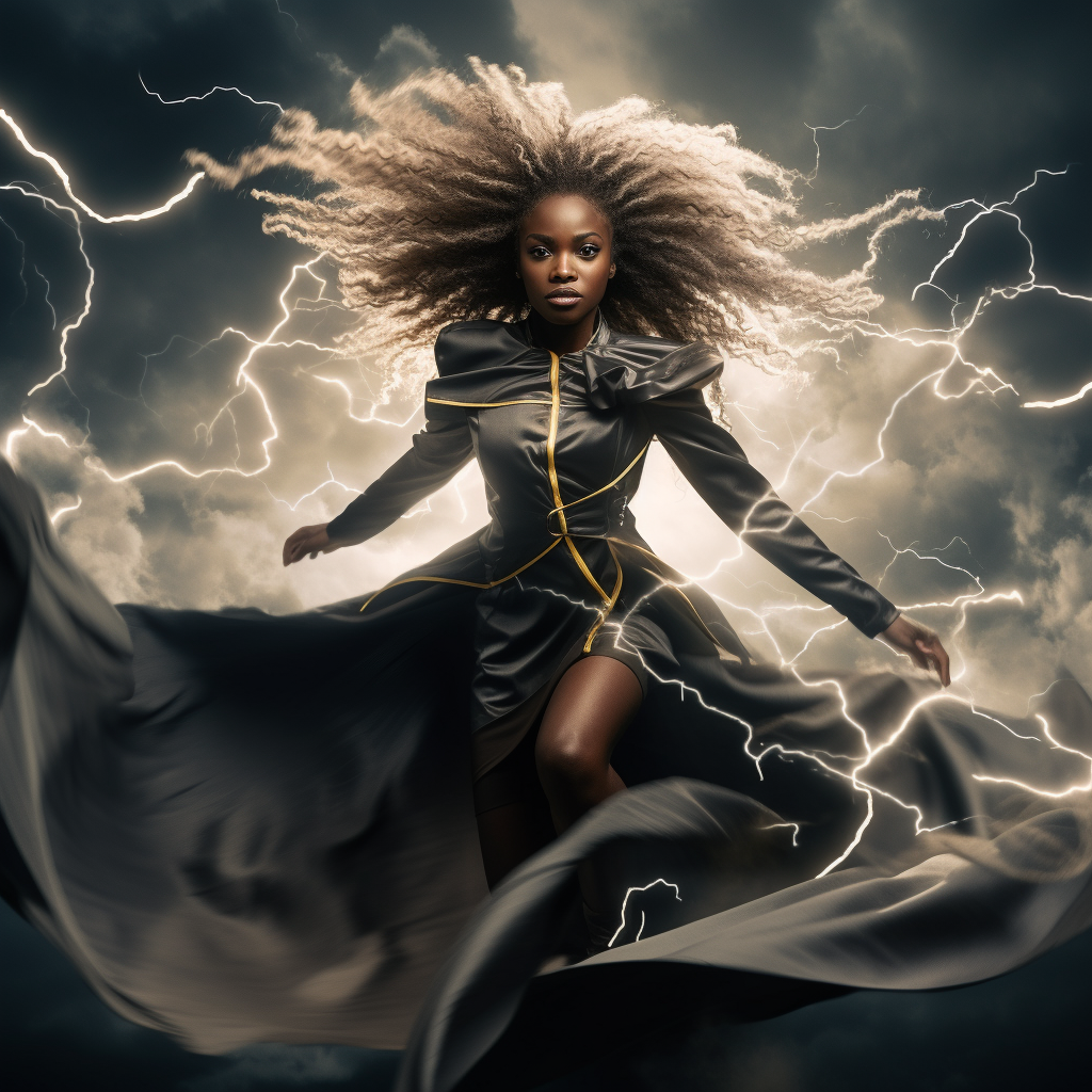 Black African Woman Flying in Thunderstorm