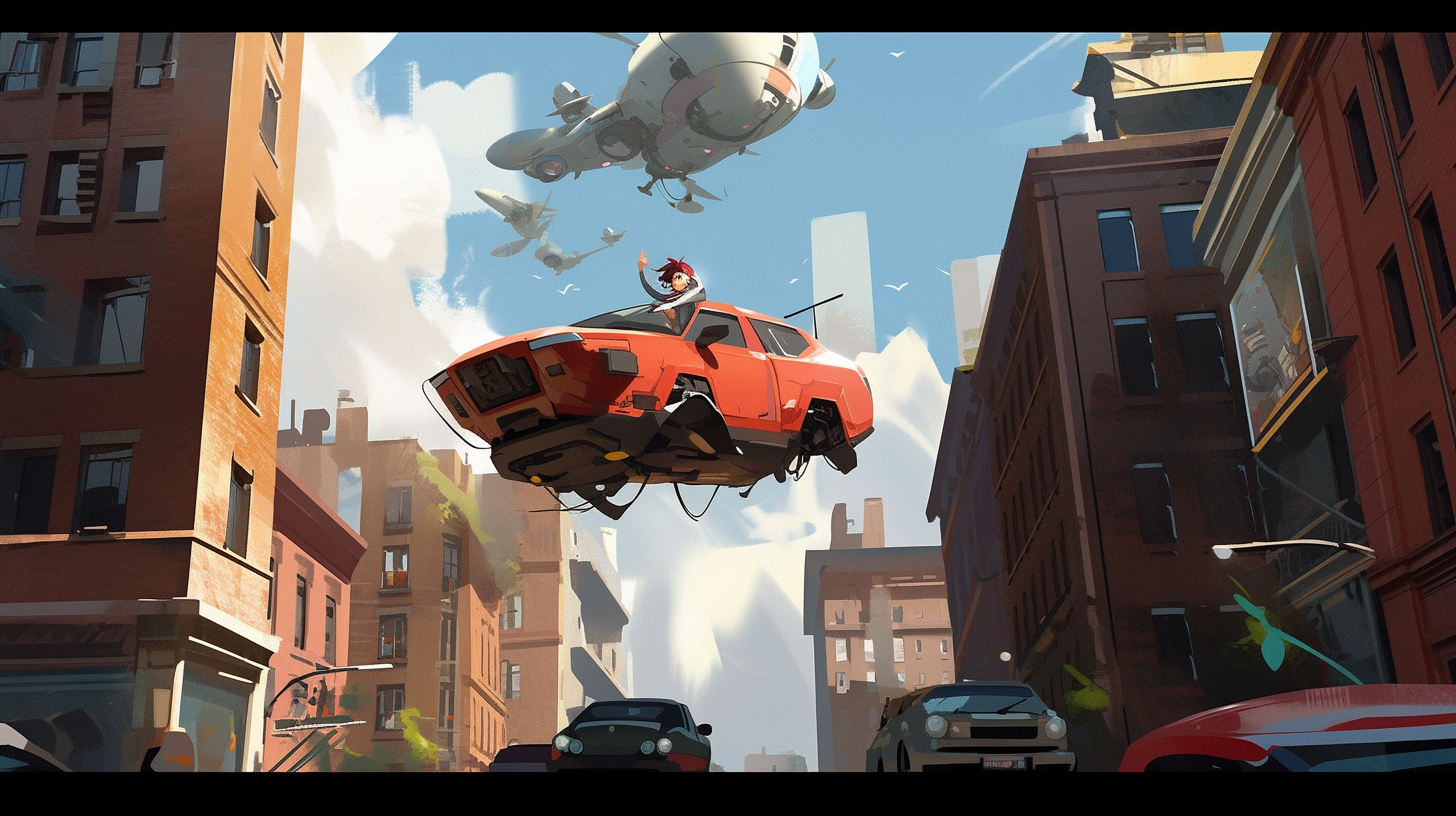 Futuristic flying car in urban landscape