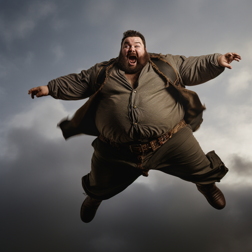 Smiling fat man enjoying a soaring adventure