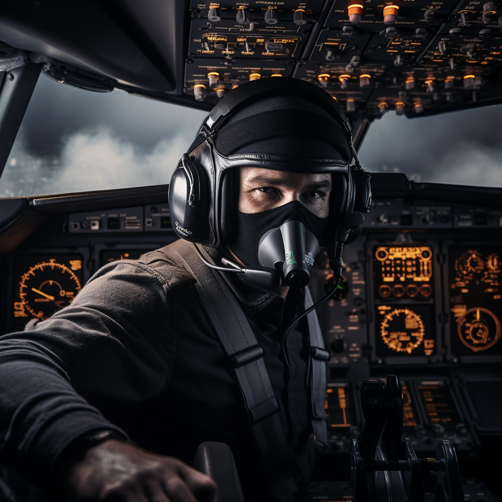 Detailed pilot flying a jet with mask