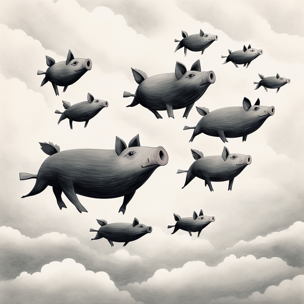 Whimsical flying pigs in black and white