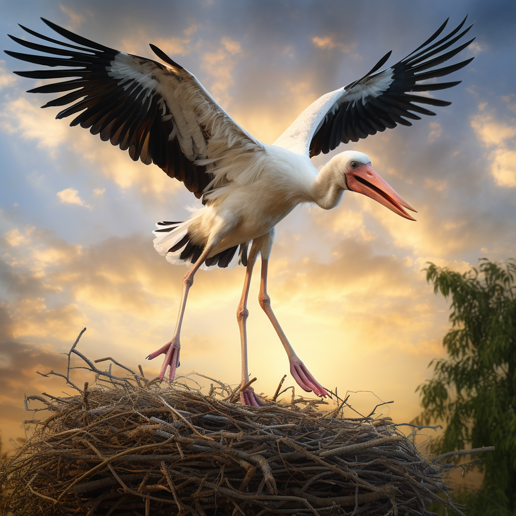 Beautiful flying storks returning to their nest