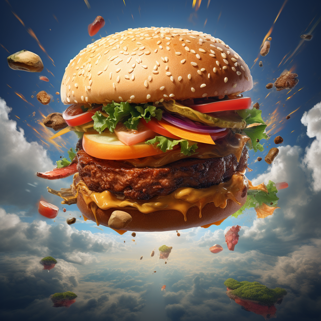 Vibrant flying veggie burger artwork