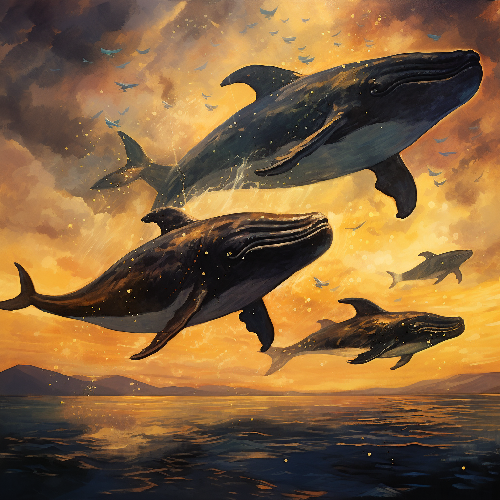 Three whales flying in the sky at sunset