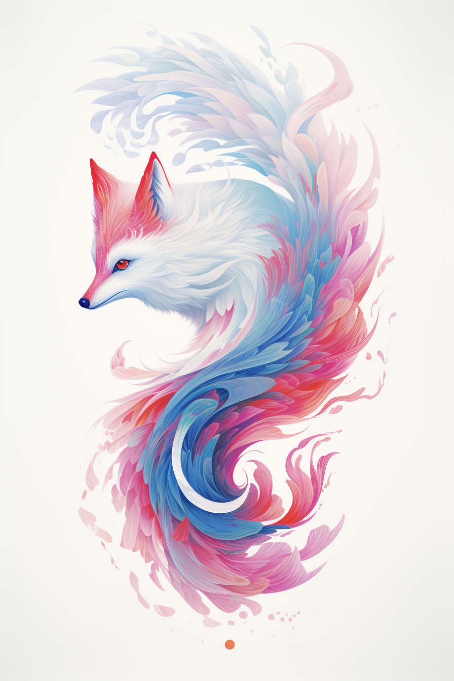 Illustration of a stunning flying white kitsune