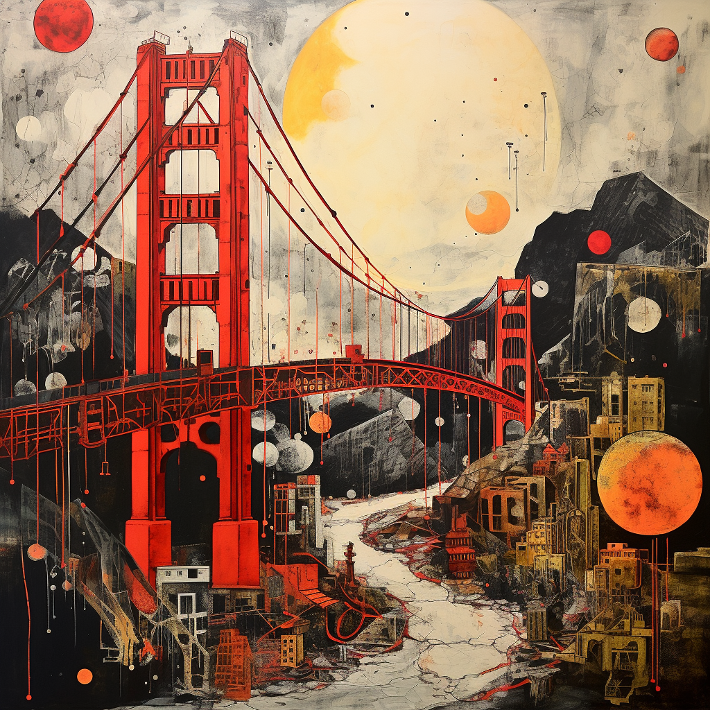 Surreal mixed media collage of fogbound Golden Gate Bridge