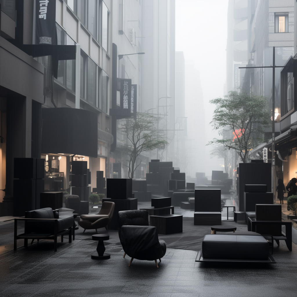 Unique avantgarde furniture in foggy Shibuya street