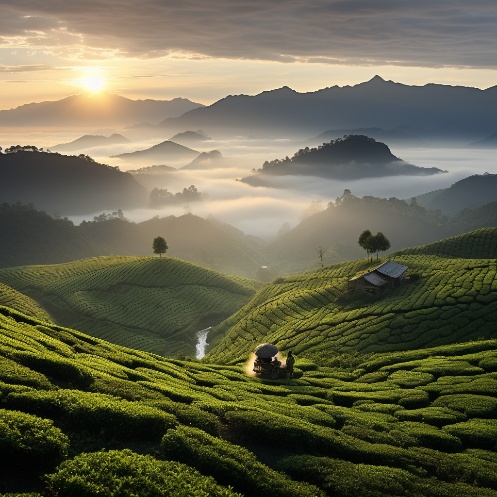 Beautiful foggy Chinese tea fields in sunlight