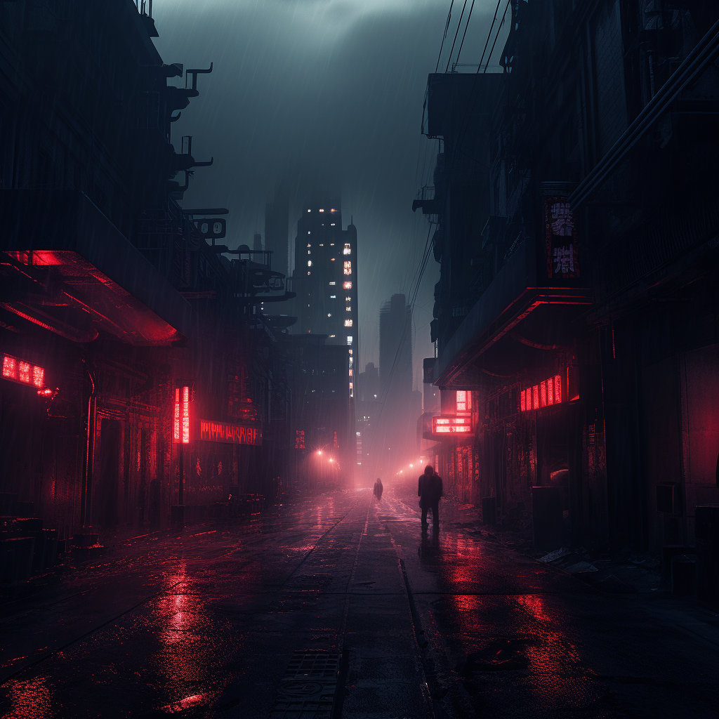 A stunning view of a foggy cyberpunk city at night