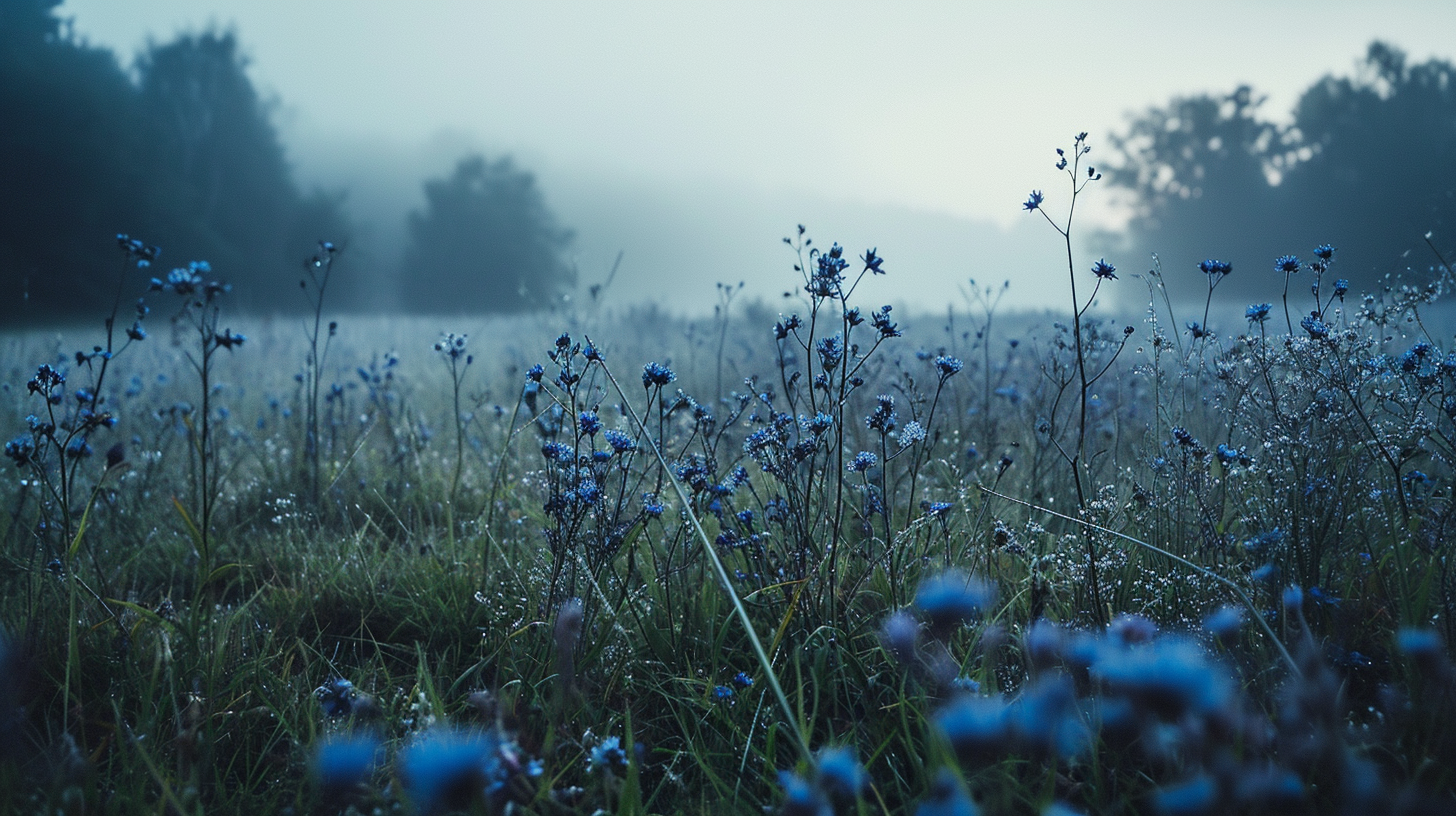 Beautiful blue flowers in a foggy field