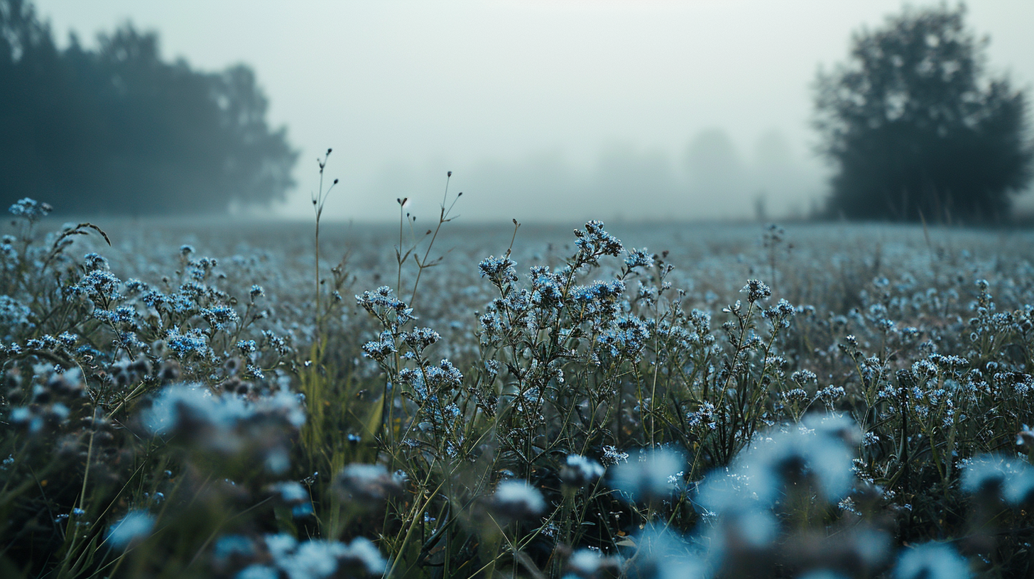 Foggy field with small blue flowers