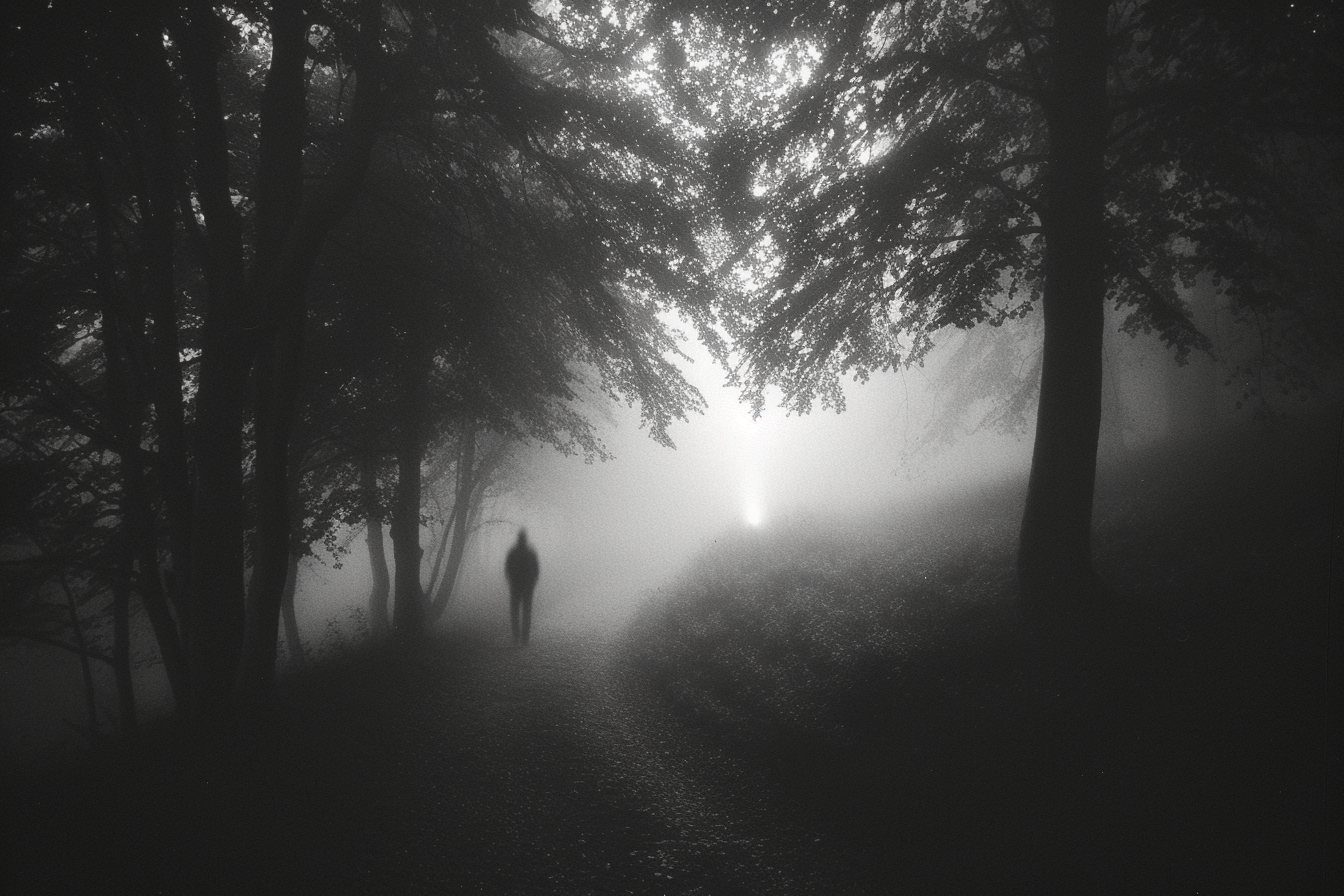 Foggy forest path with lone figure