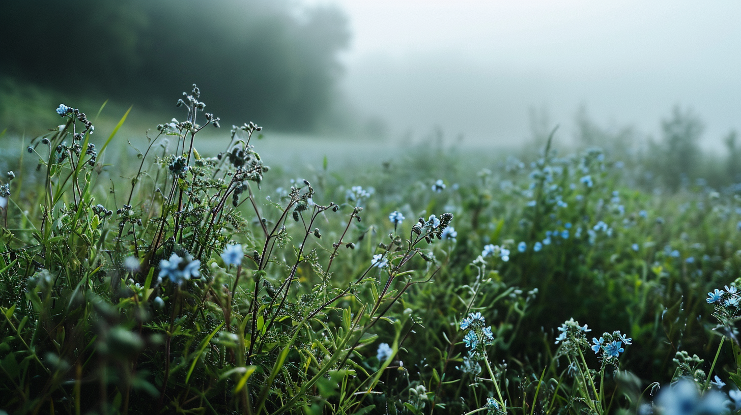 Aerial View of Foggy Green Field with Blue Flowers