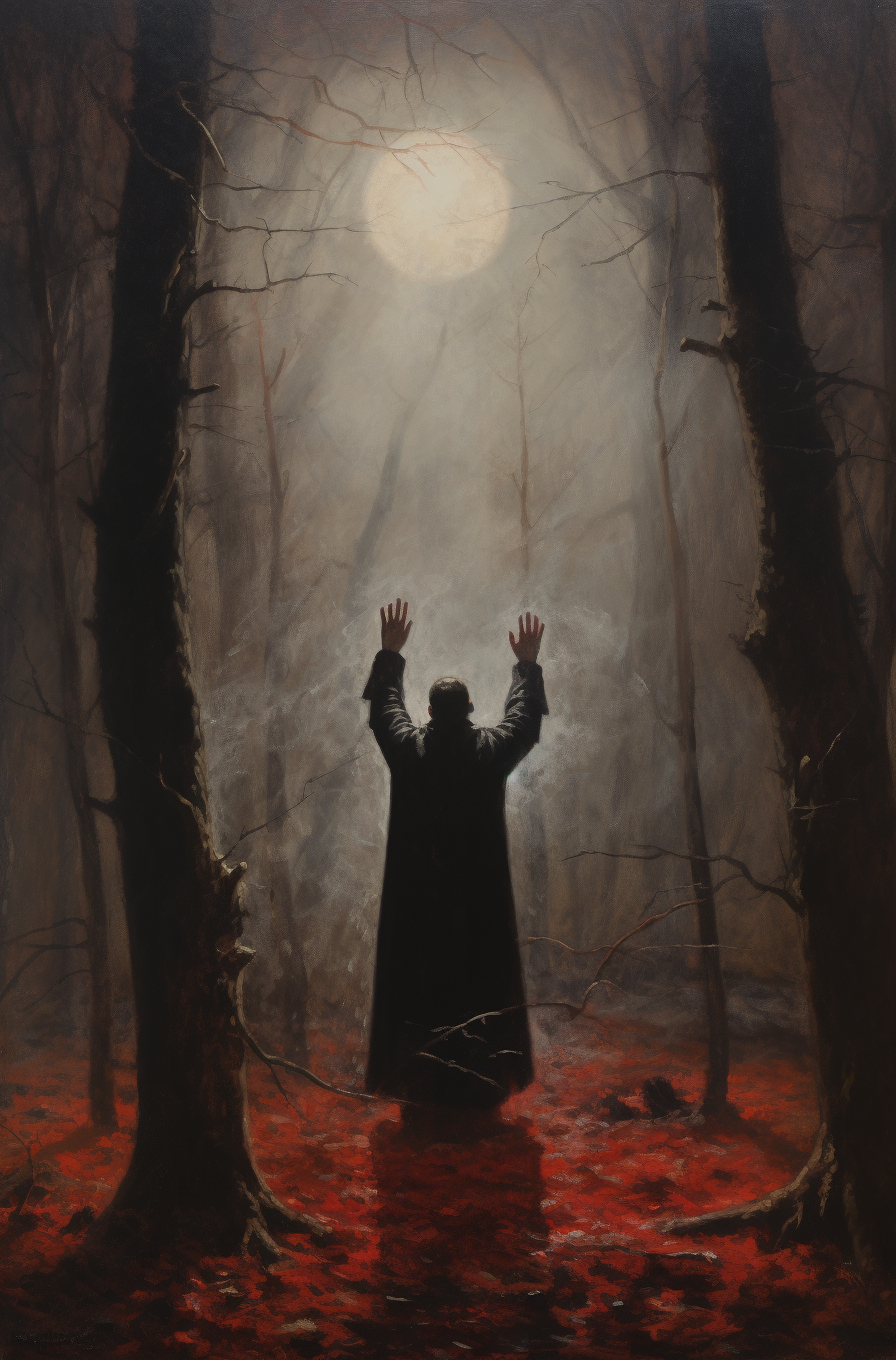 Foggy forest priest pagan ritual painting