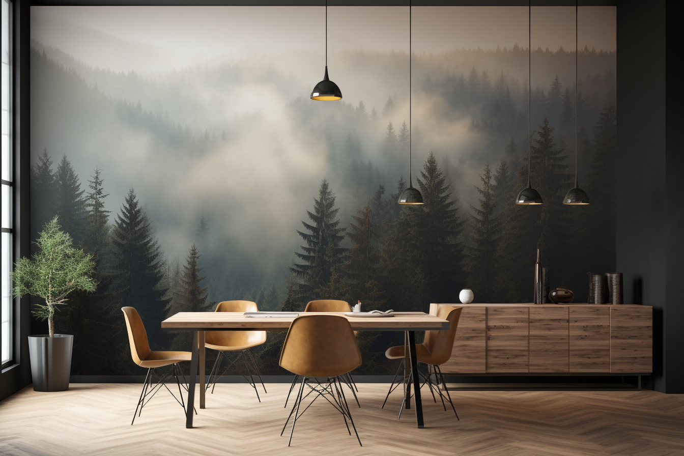 Contemporary interior with foggy pine forest view