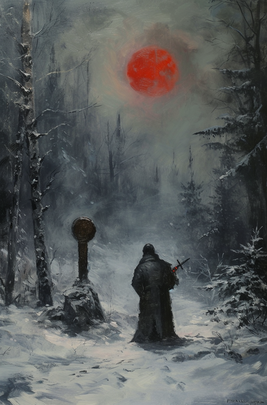 Foggy priest with shotgun in Norse totem forest