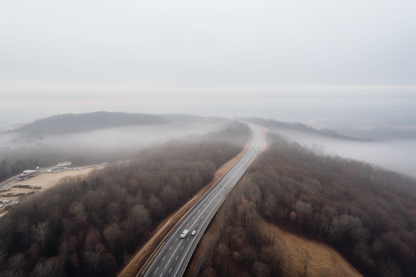 Dense fog over Appalachian mountains, with heavy traffic.