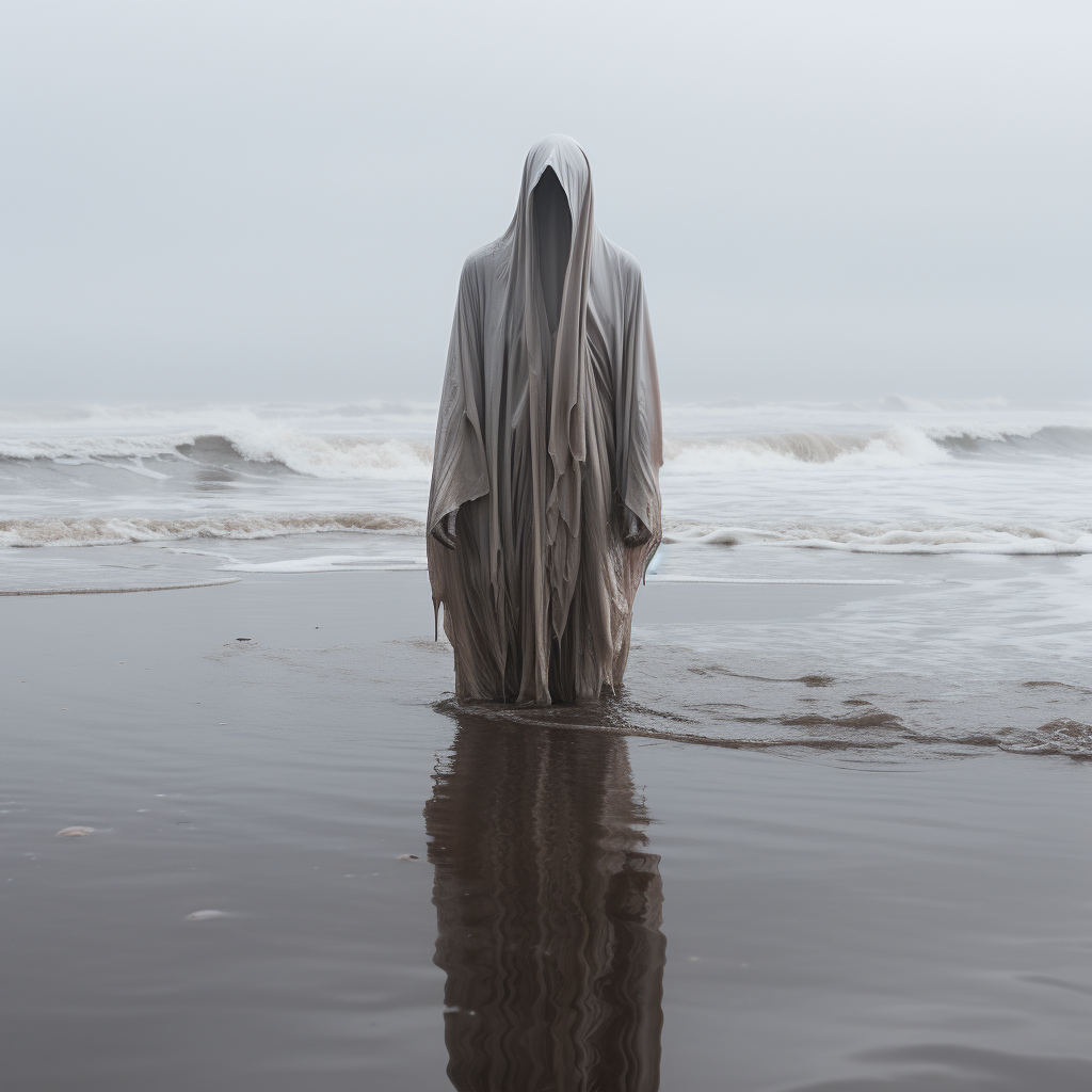 Woman in white dress on foggy beach with small puddles