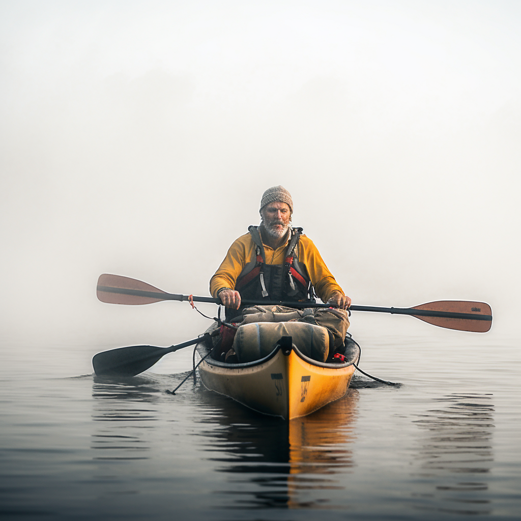 Middle-aged man in canoe paddling through dense fog