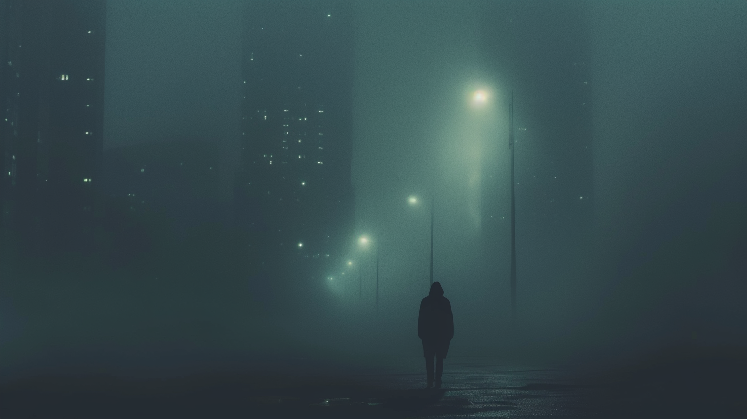 Foggy City Lonely Man Walking