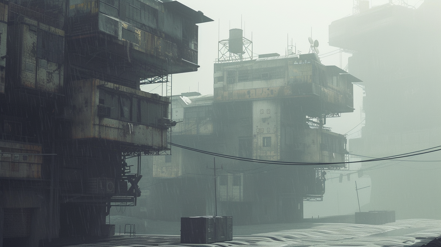 Rowhomes in foggy cyberpunk city