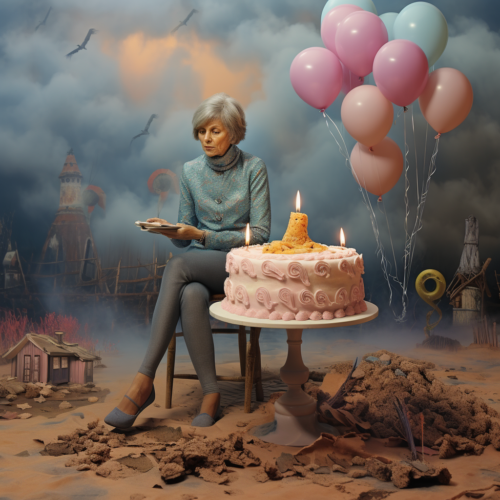 Expressive woman with birthday cake in foggy landscape